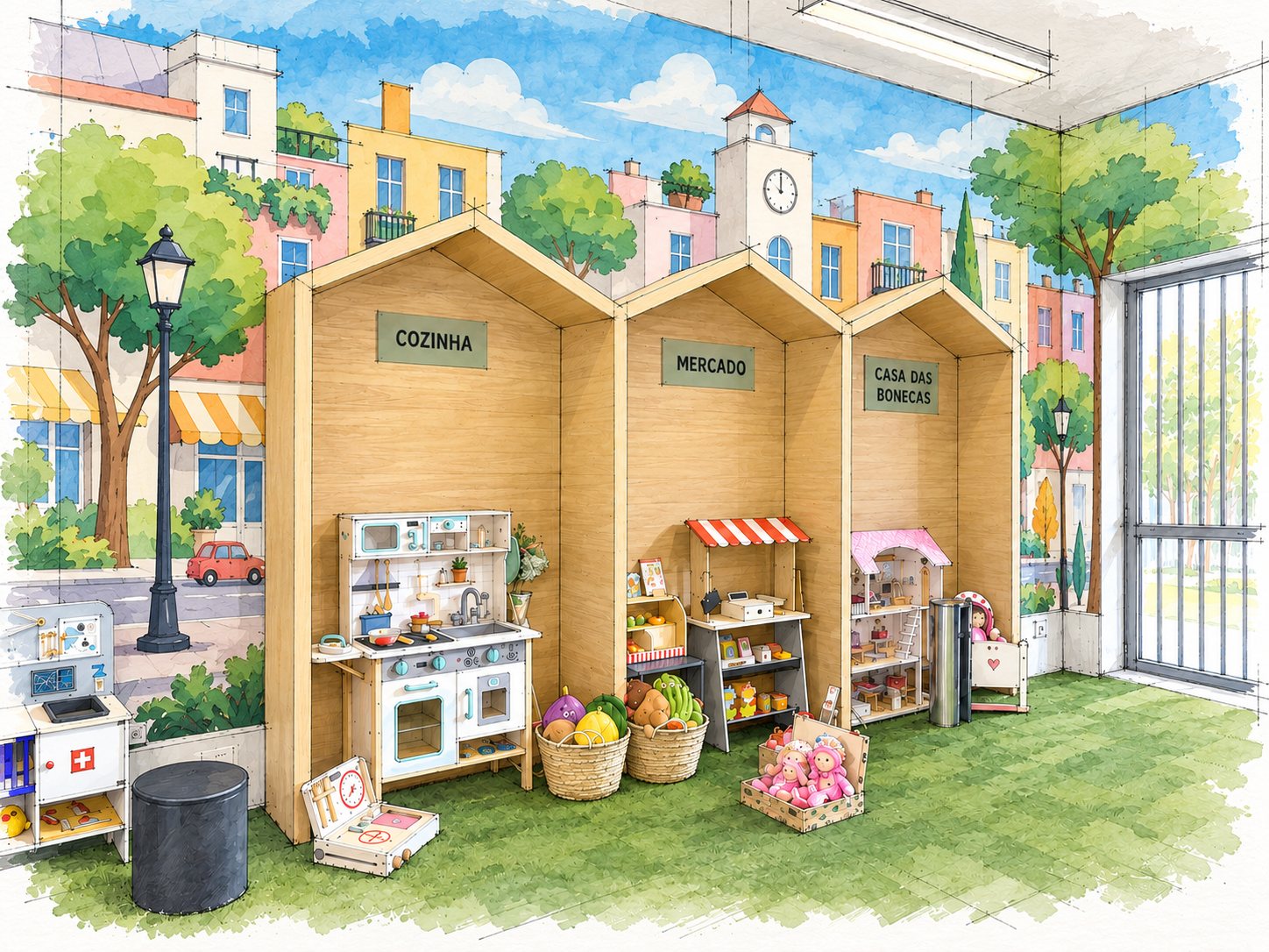 As mesmas casinhas com um mural de cidade colorida