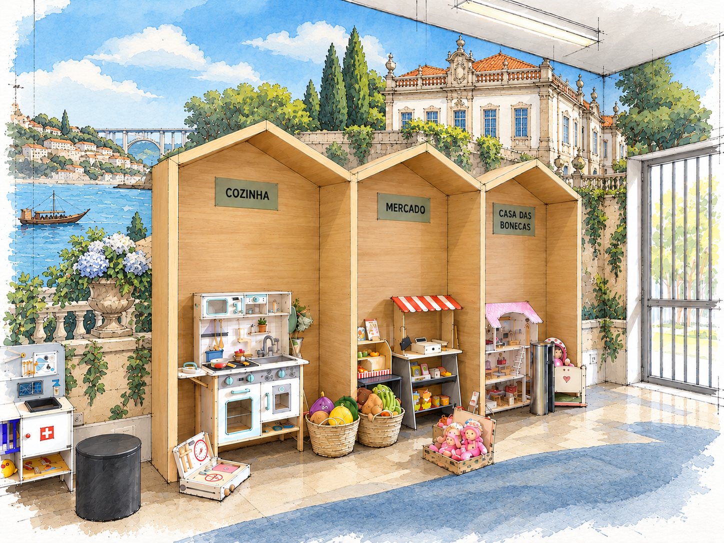 As mesmas casinhas com um mural de rio, ponte e palácio