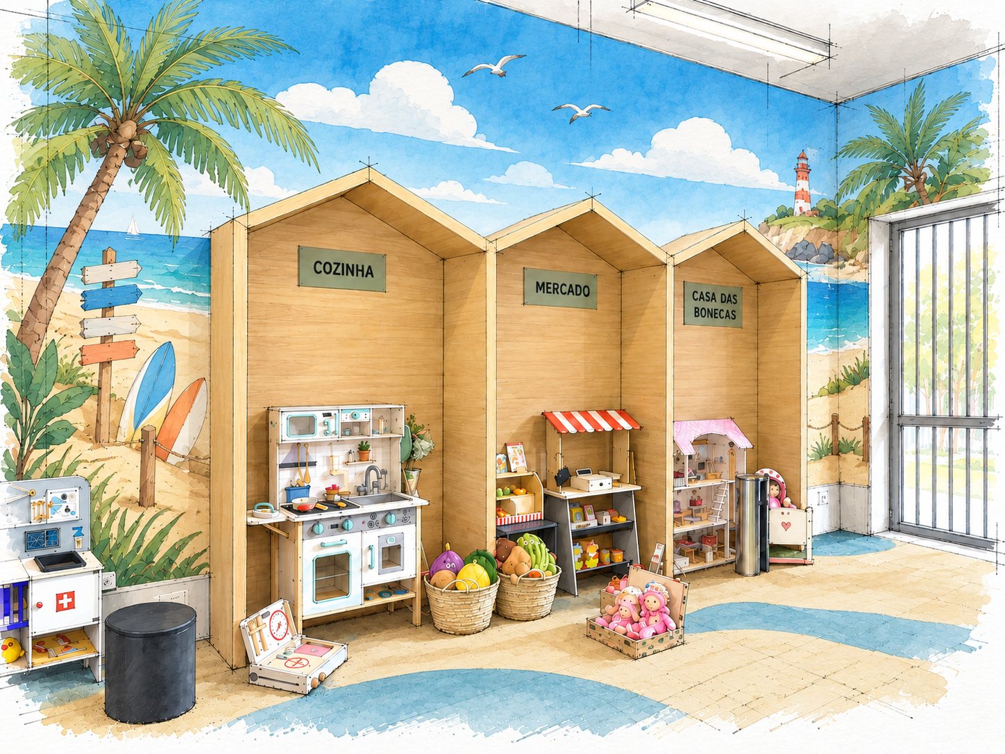 As mesmas casinhas com um mural de praia e farol