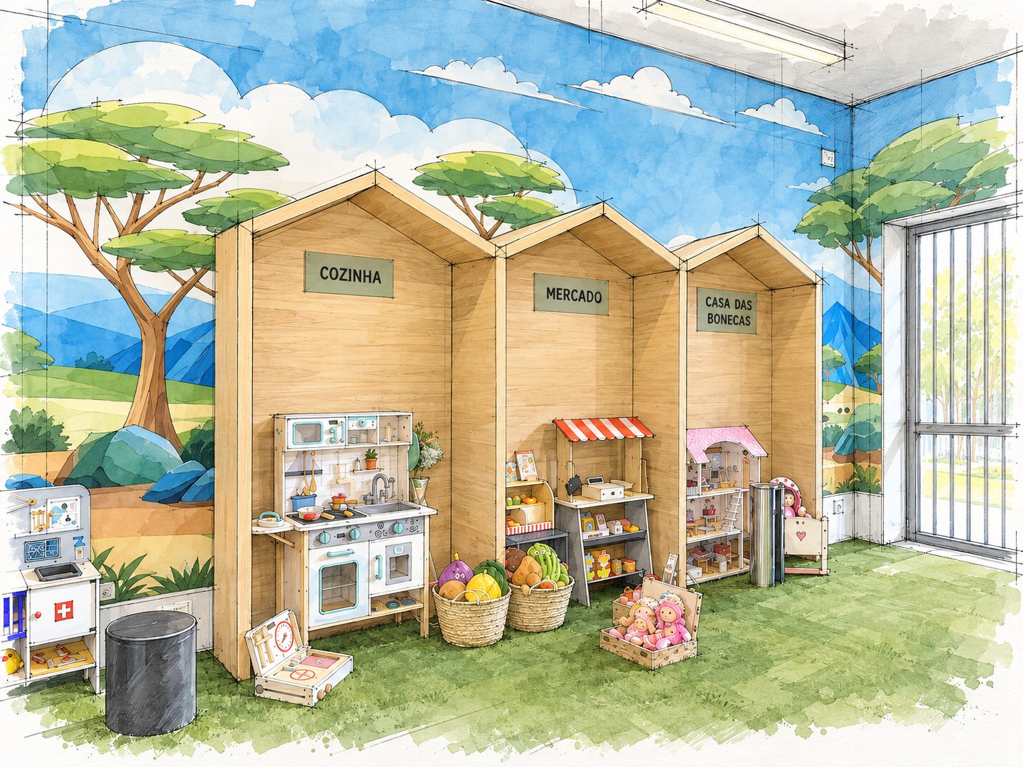 Desenho em guache e traço de arquiteto de três casinhas de madeira (cozinha, mercado e casa das bonecas) com um mural de savana