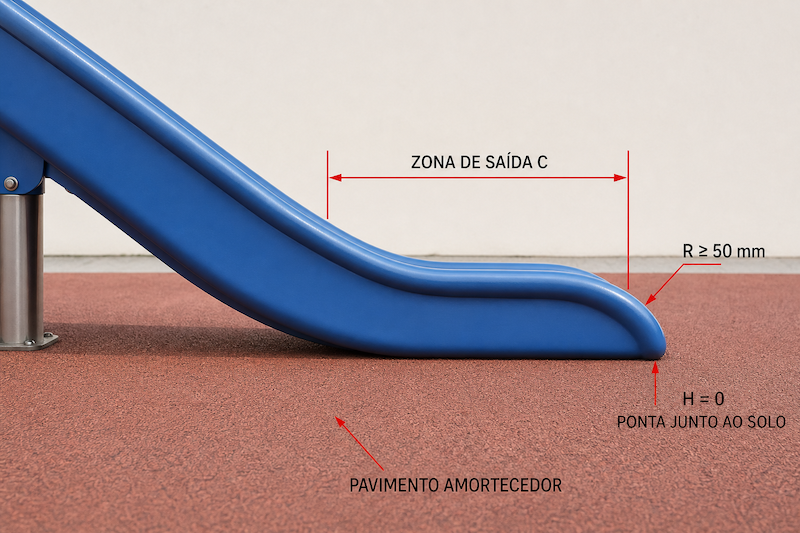 Diagrama técnico da zona de saída de um escorrega, com raio da ponta e altura ao nível do pavimento amortecedor