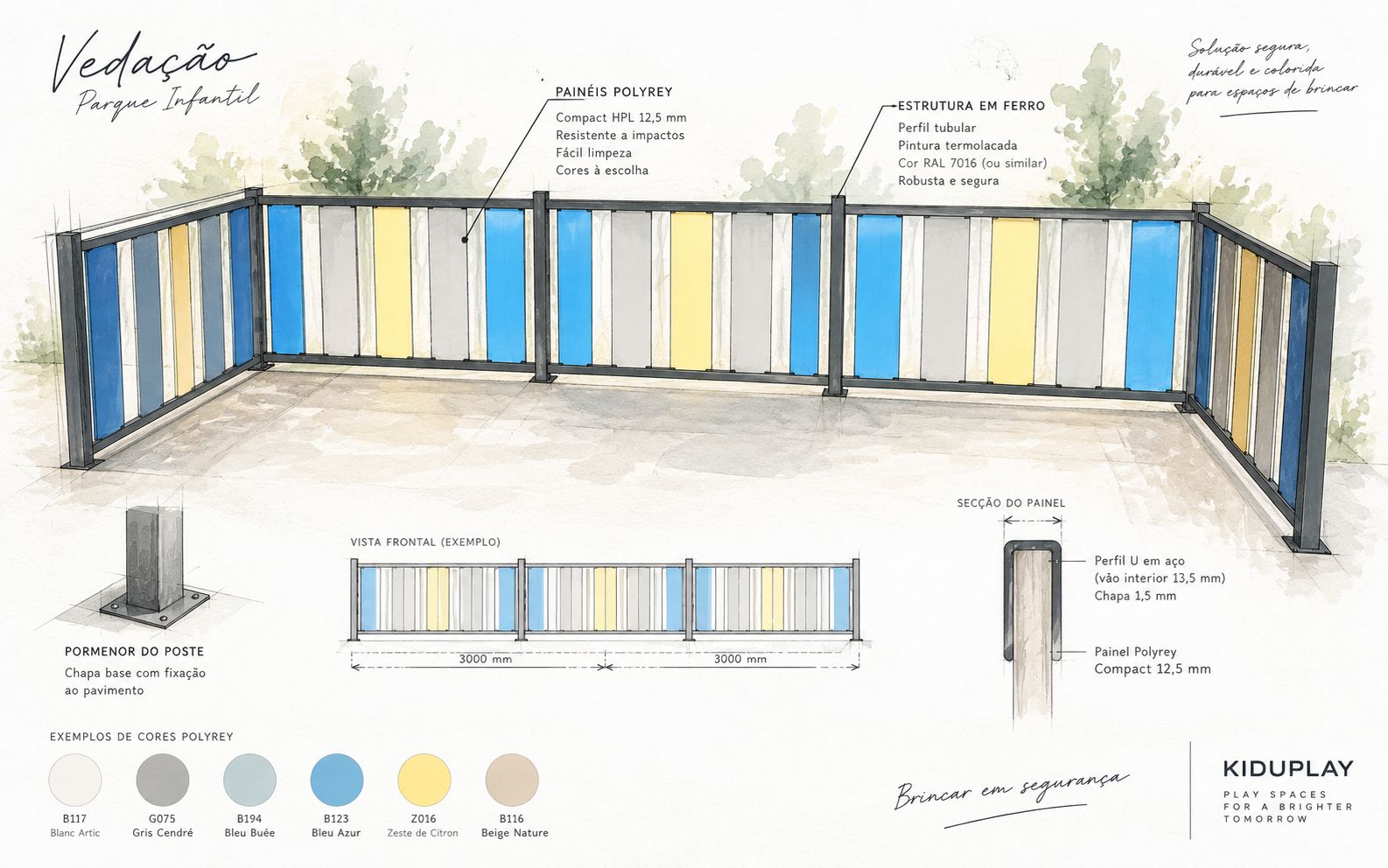 Desenho em guache de uma vedação de parque infantil com painéis coloridos, estrutura em ferro e pormenores técnicos